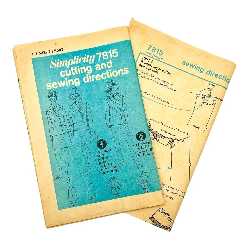 VTG 1968 Simplicity Sewing Pattern Misses Jacket & Skirt Size 10 #7815
